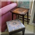 F34. Old Colony Furniture side table (23”h x 16”w x 16”d) and upholstered stool. 